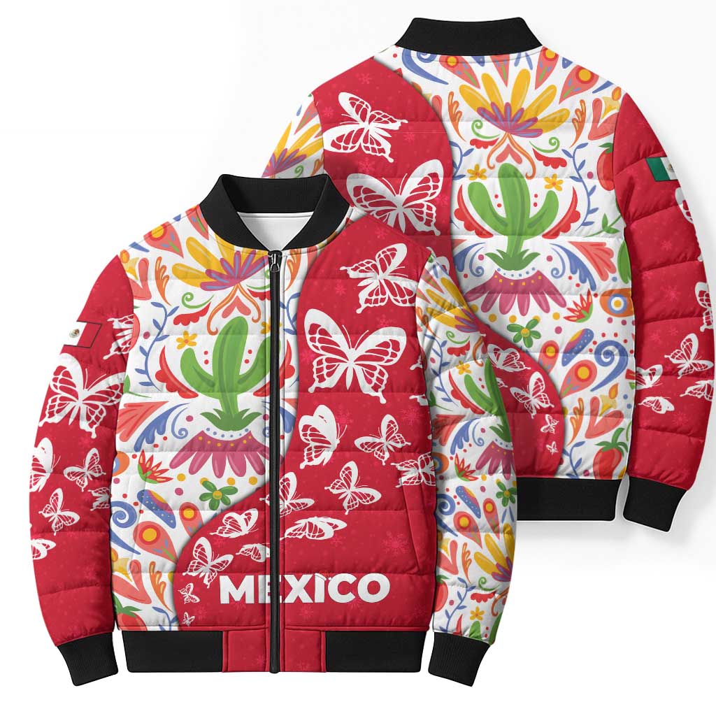 Mexico Christmas Bomber Puffer Jacket with Butterfly Cactus and Colorful Floral Folk Art - Wonder Print Shop