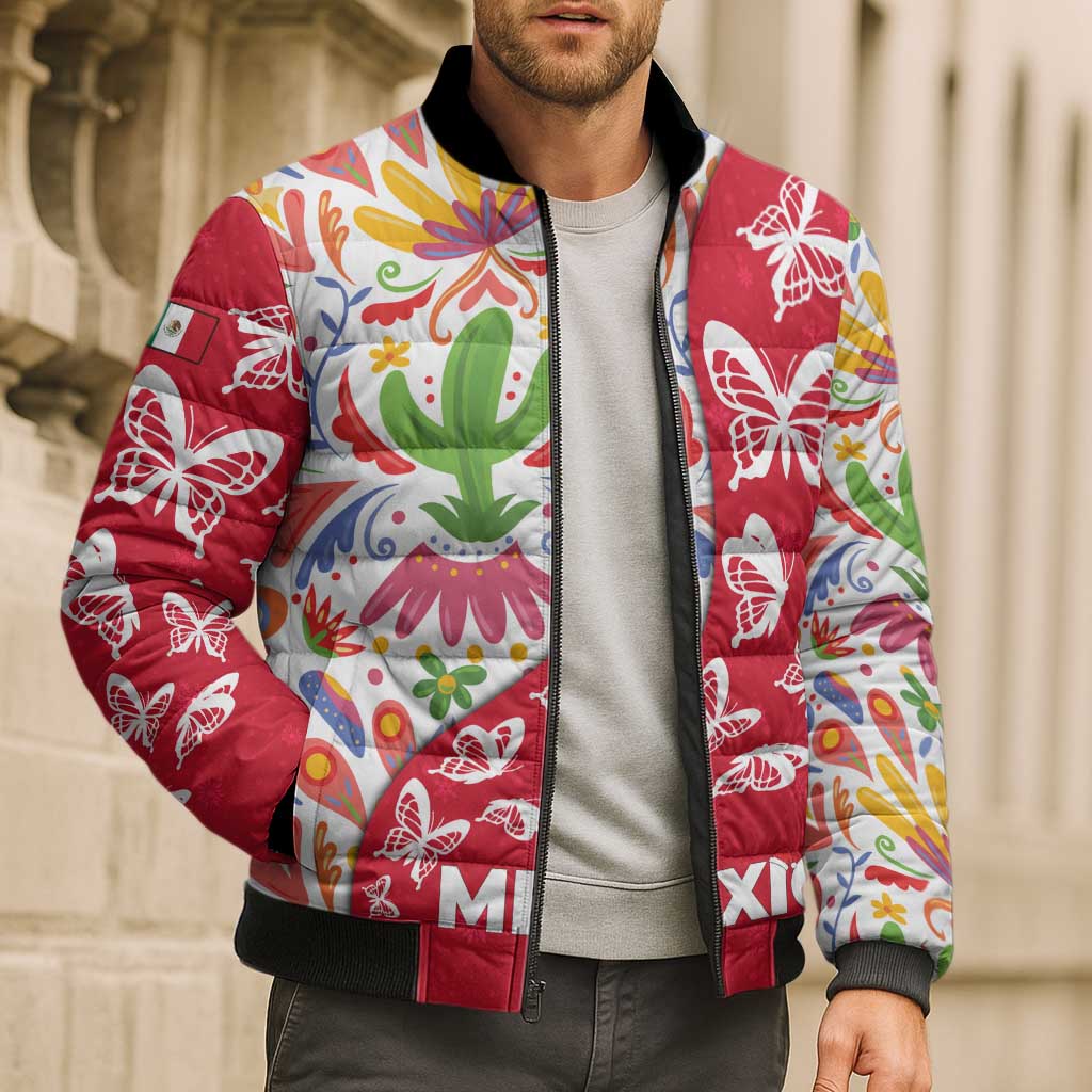 Mexico Christmas Bomber Puffer Jacket with Butterfly Cactus and Colorful Floral Folk Art - Wonder Print Shop