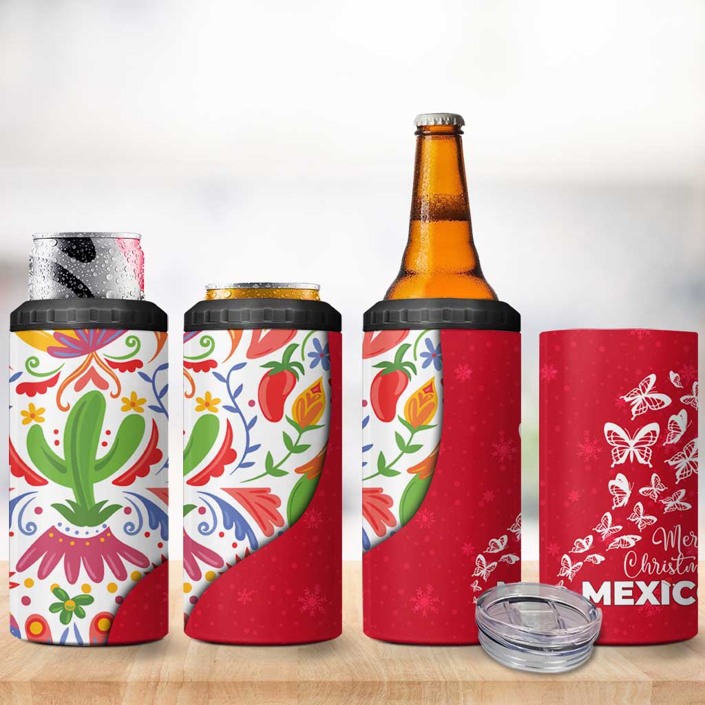 Mexico Christmas 4 in 1 Can Cooler Tumbler with Butterfly Cactus and Colorful Floral Folk Art - Wonder Print Shop