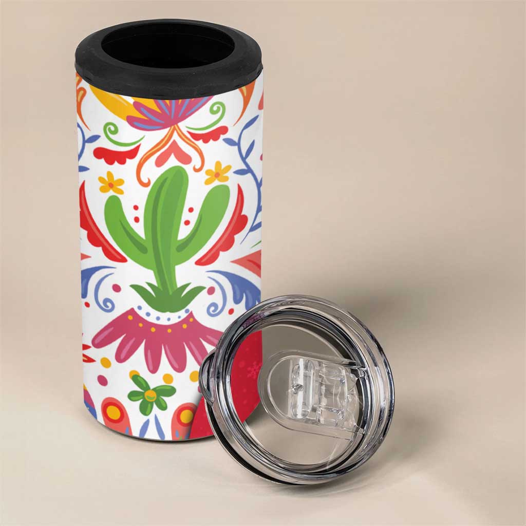 Mexico Christmas 4 in 1 Can Cooler Tumbler with Butterfly Cactus and Colorful Floral Folk Art - Wonder Print Shop
