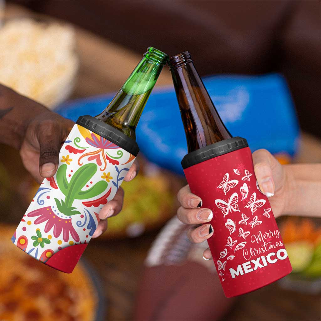 Mexico Christmas 4 in 1 Can Cooler Tumbler with Butterfly Cactus and Colorful Floral Folk Art - Wonder Print Shop