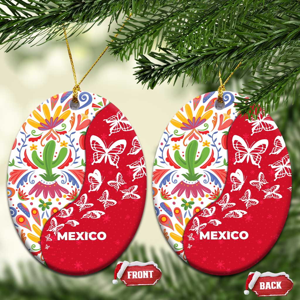 Mexico Christmas Ceramic Ornament with Butterfly Cactus and Colorful Floral Folk Art - Wonder Print Shop