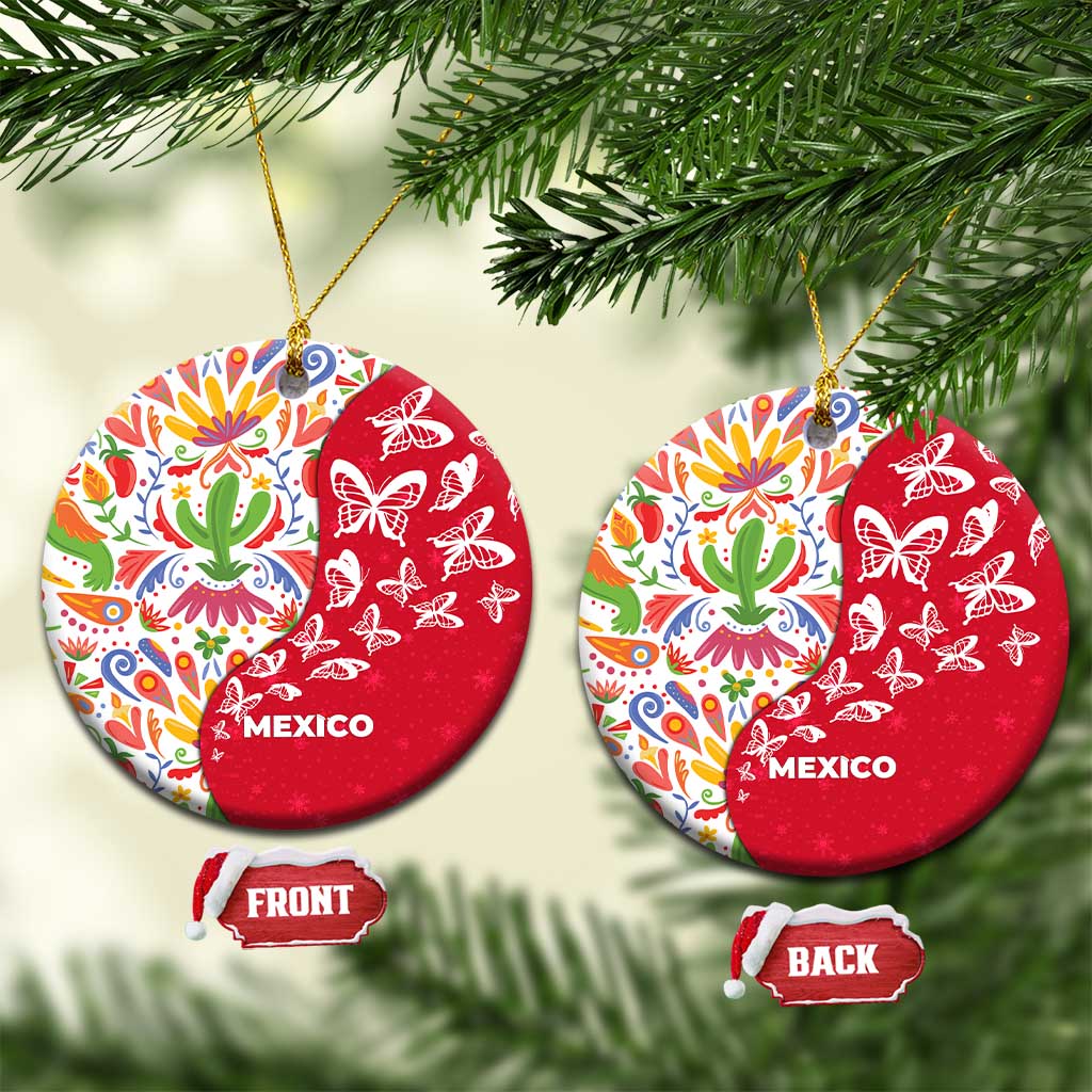 Mexico Christmas Ceramic Ornament with Butterfly Cactus and Colorful Floral Folk Art - Wonder Print Shop