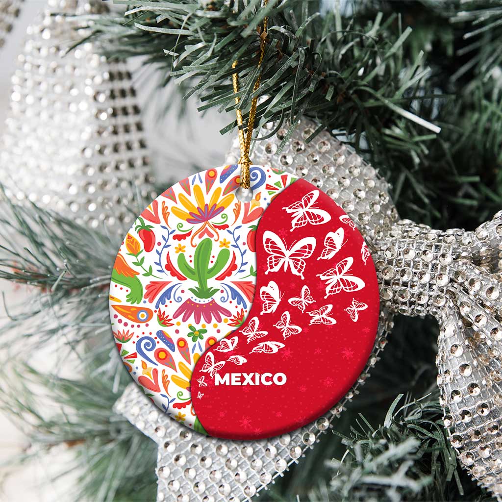 Mexico Christmas Ceramic Ornament with Butterfly Cactus and Colorful Floral Folk Art - Wonder Print Shop
