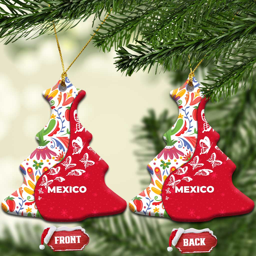 Mexico Christmas Ceramic Ornament with Butterfly Cactus and Colorful Floral Folk Art - Wonder Print Shop