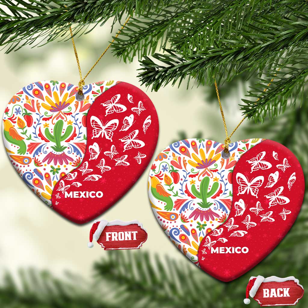 Mexico Christmas Ceramic Ornament with Butterfly Cactus and Colorful Floral Folk Art - Wonder Print Shop