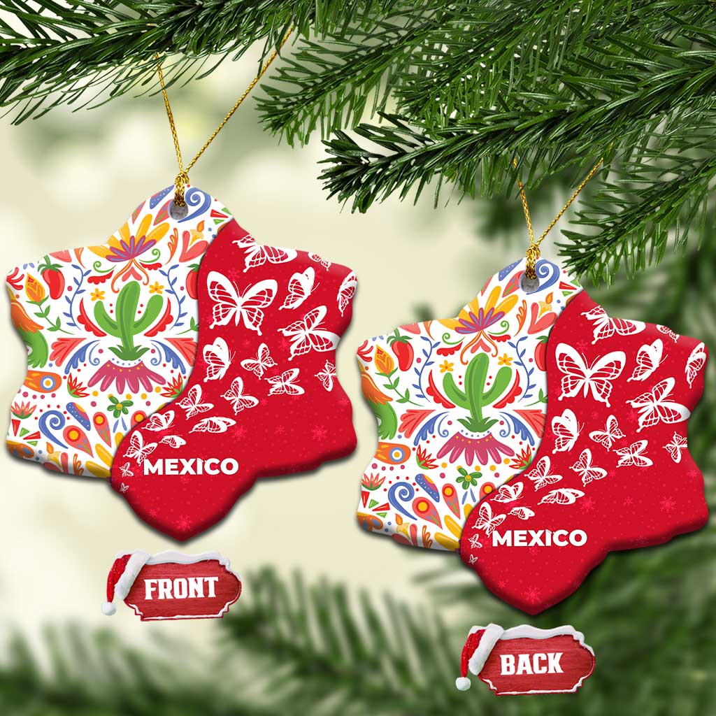 Mexico Christmas Ceramic Ornament with Butterfly Cactus and Colorful Floral Folk Art - Wonder Print Shop