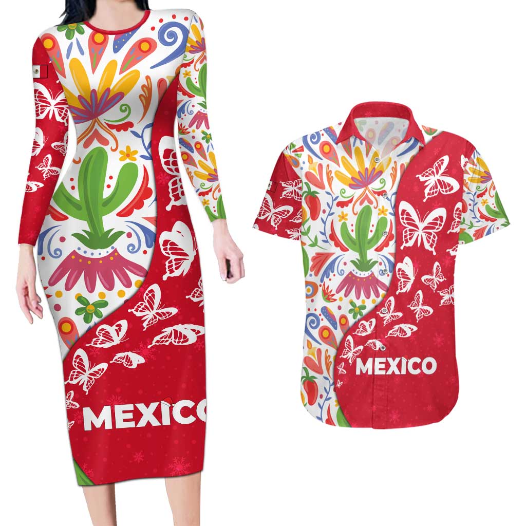 Mexico Christmas Couples Matching Long Sleeve Bodycon Dress and Hawaiian Shirt with Butterfly Cactus and Colorful Floral Folk Art - Wonder Print Shop