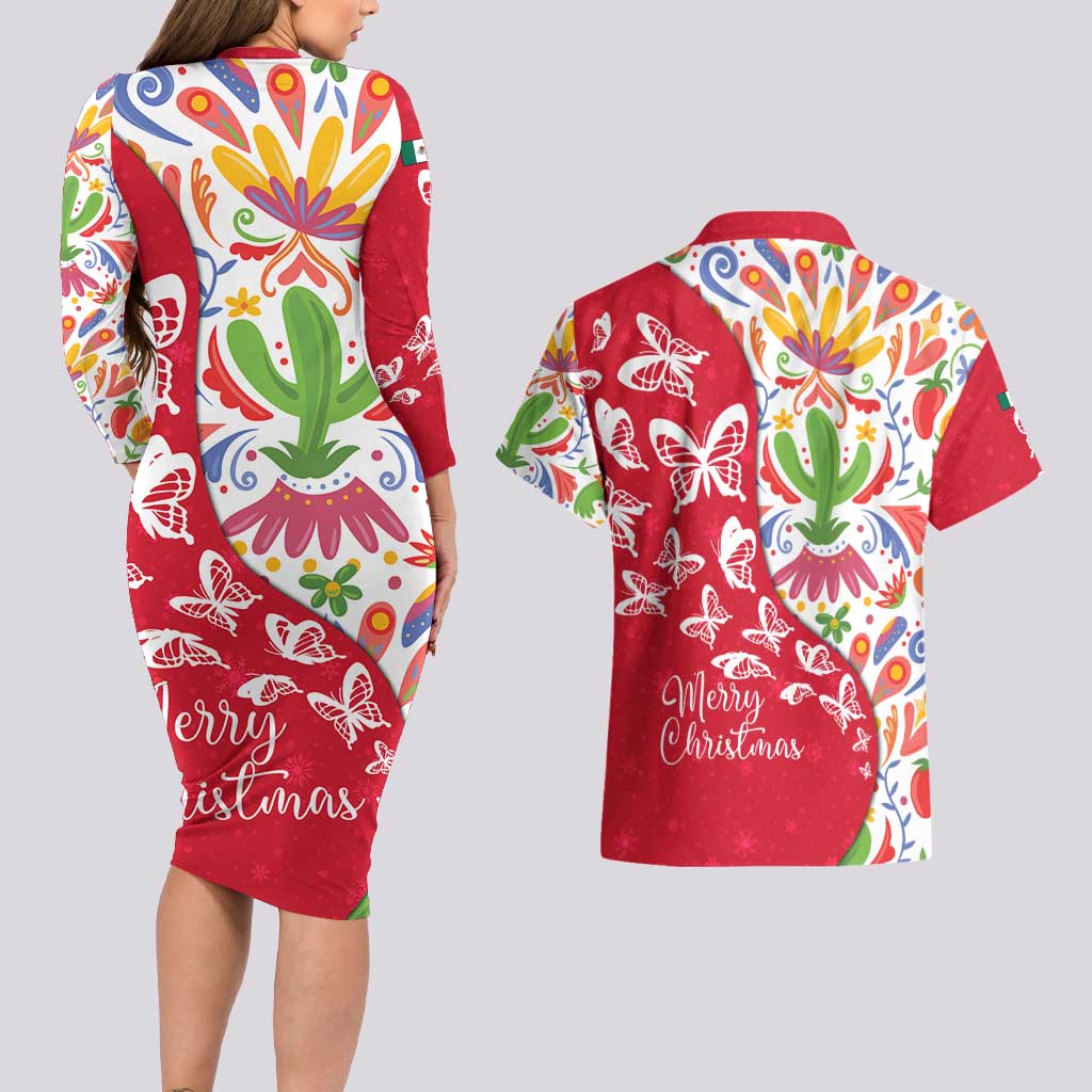 Mexico Christmas Couples Matching Long Sleeve Bodycon Dress and Hawaiian Shirt with Butterfly Cactus and Colorful Floral Folk Art - Wonder Print Shop