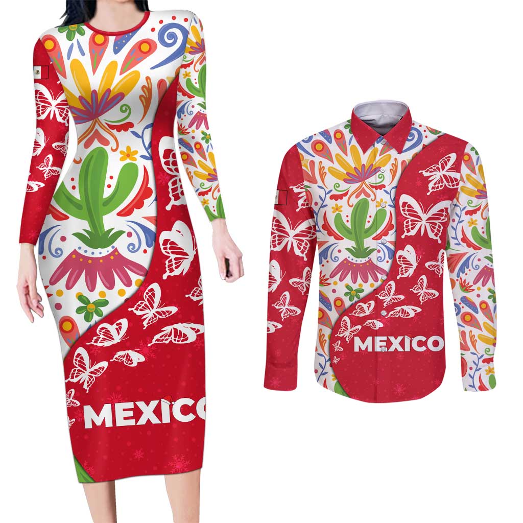 Mexico Christmas Couples Matching Long Sleeve Bodycon Dress and Long Sleeve Button Shirt with Butterfly Cactus and Colorful Floral Folk Art - Wonder Print Shop