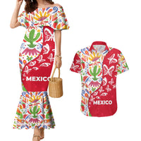 Mexico Christmas Couples Matching Mermaid Dress and Hawaiian Shirt with Butterfly Cactus and Colorful Floral Folk Art - Wonder Print Shop