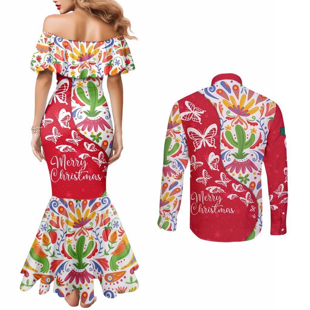 Mexico Christmas Couples Matching Mermaid Dress and Long Sleeve Button Shirt with Butterfly Cactus and Colorful Floral Folk Art - Wonder Print Shop