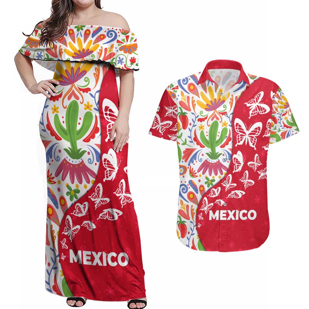 Mexico Christmas Couples Matching Off Shoulder Maxi Dress and Hawaiian Shirt with Butterfly Cactus and Colorful Floral Folk Art - Wonder Print Shop