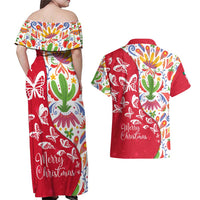 Mexico Christmas Couples Matching Off Shoulder Maxi Dress and Hawaiian Shirt with Butterfly Cactus and Colorful Floral Folk Art - Wonder Print Shop