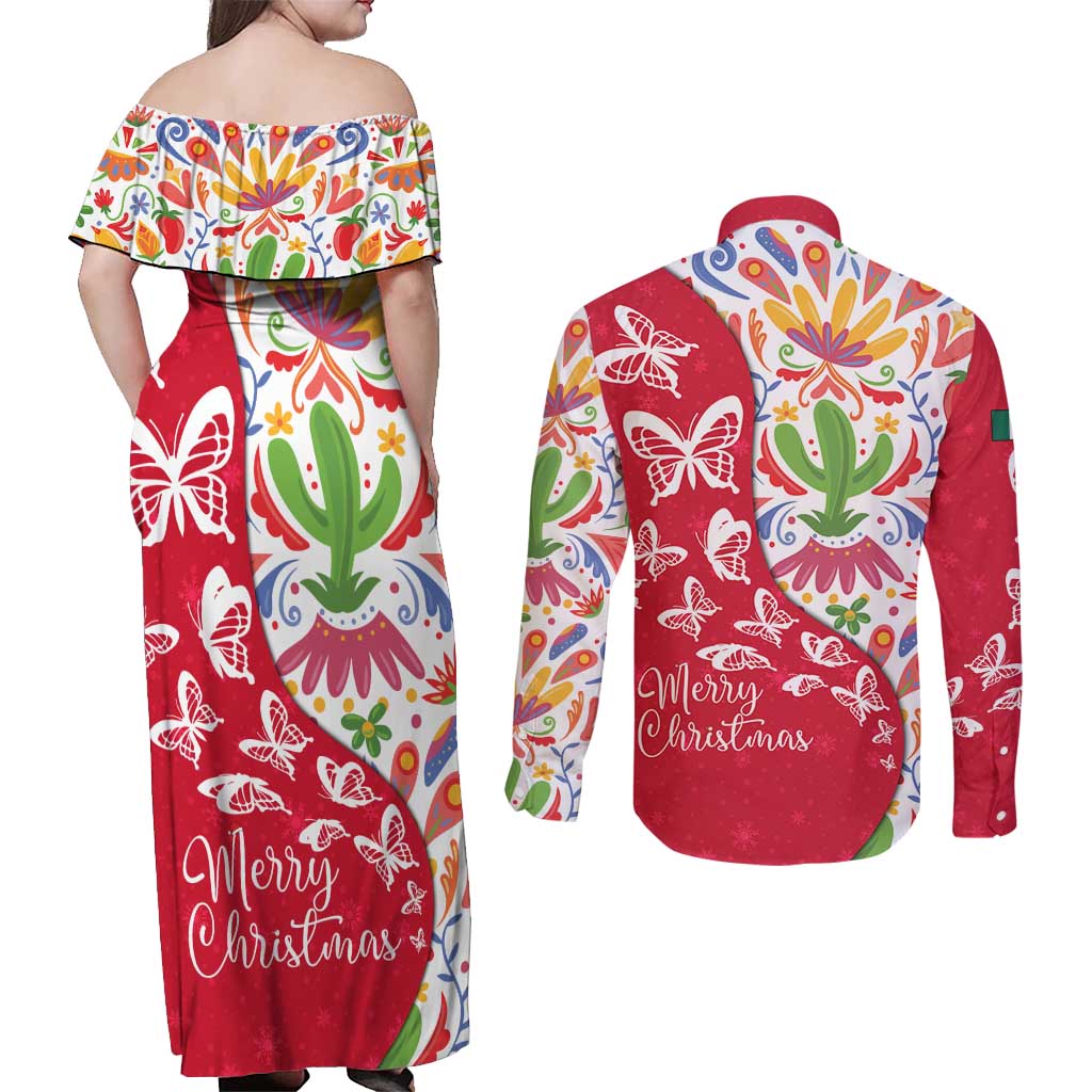 Mexico Christmas Couples Matching Off Shoulder Maxi Dress and Long Sleeve Button Shirt with Butterfly Cactus and Colorful Floral Folk Art - Wonder Print Shop