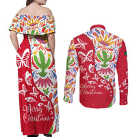 Mexico Christmas Couples Matching Off Shoulder Maxi Dress and Long Sleeve Button Shirt with Butterfly Cactus and Colorful Floral Folk Art - Wonder Print Shop