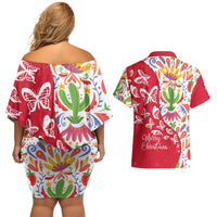 Mexico Christmas Couples Matching Off Shoulder Short Dress and Hawaiian Shirt with Butterfly Cactus and Colorful Floral Folk Art - Wonder Print Shop