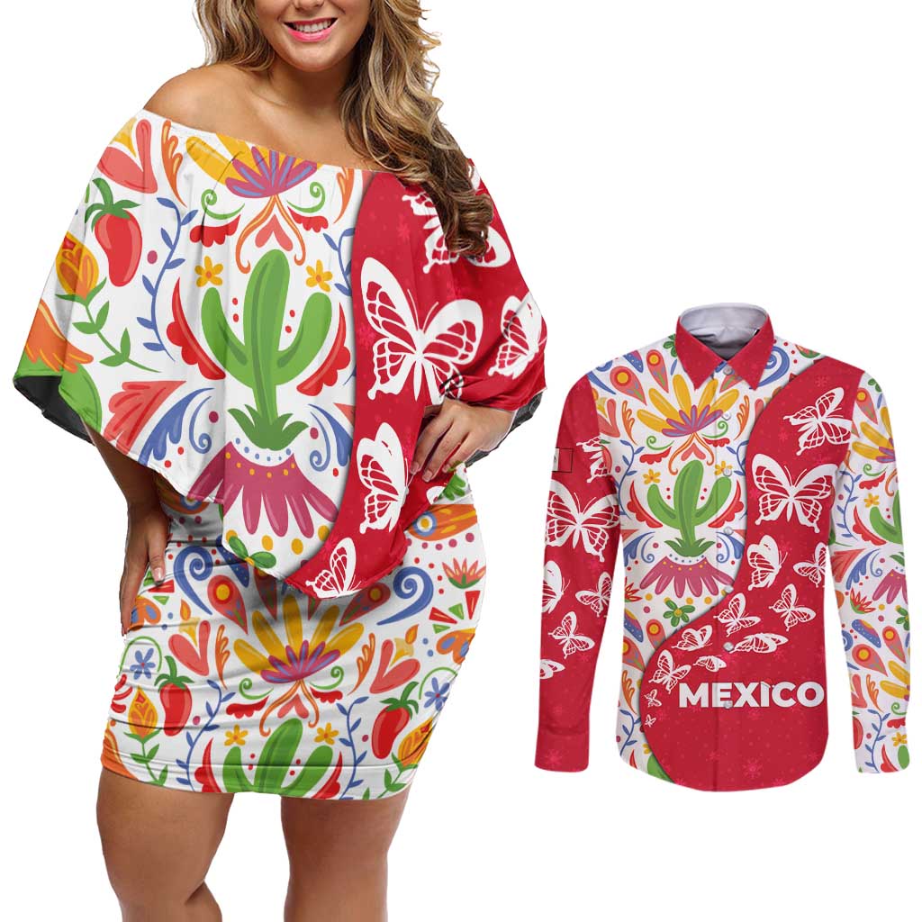 Mexico Christmas Couples Matching Off Shoulder Short Dress and Long Sleeve Button Shirt with Butterfly Cactus and Colorful Floral Folk Art - Wonder Print Shop