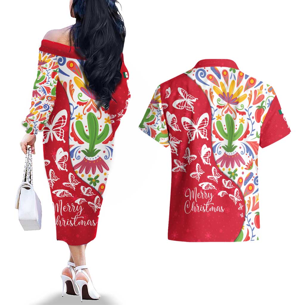 Mexico Christmas Couples Matching Off The Shoulder Long Sleeve Dress and Hawaiian Shirt with Butterfly Cactus and Colorful Floral Folk Art - Wonder Print Shop