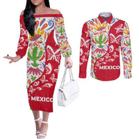 Mexico Christmas Couples Matching Off The Shoulder Long Sleeve Dress and Long Sleeve Button Shirt with Butterfly Cactus and Colorful Floral Folk Art - Wonder Print Shop