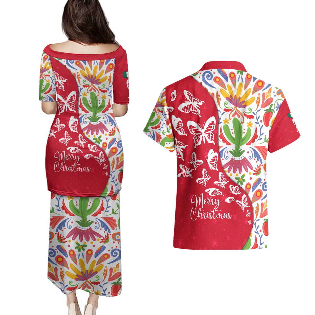 Mexico Christmas Couples Matching Puletasi and Hawaiian Shirt with Butterfly Cactus and Colorful Floral Folk Art - Wonder Print Shop