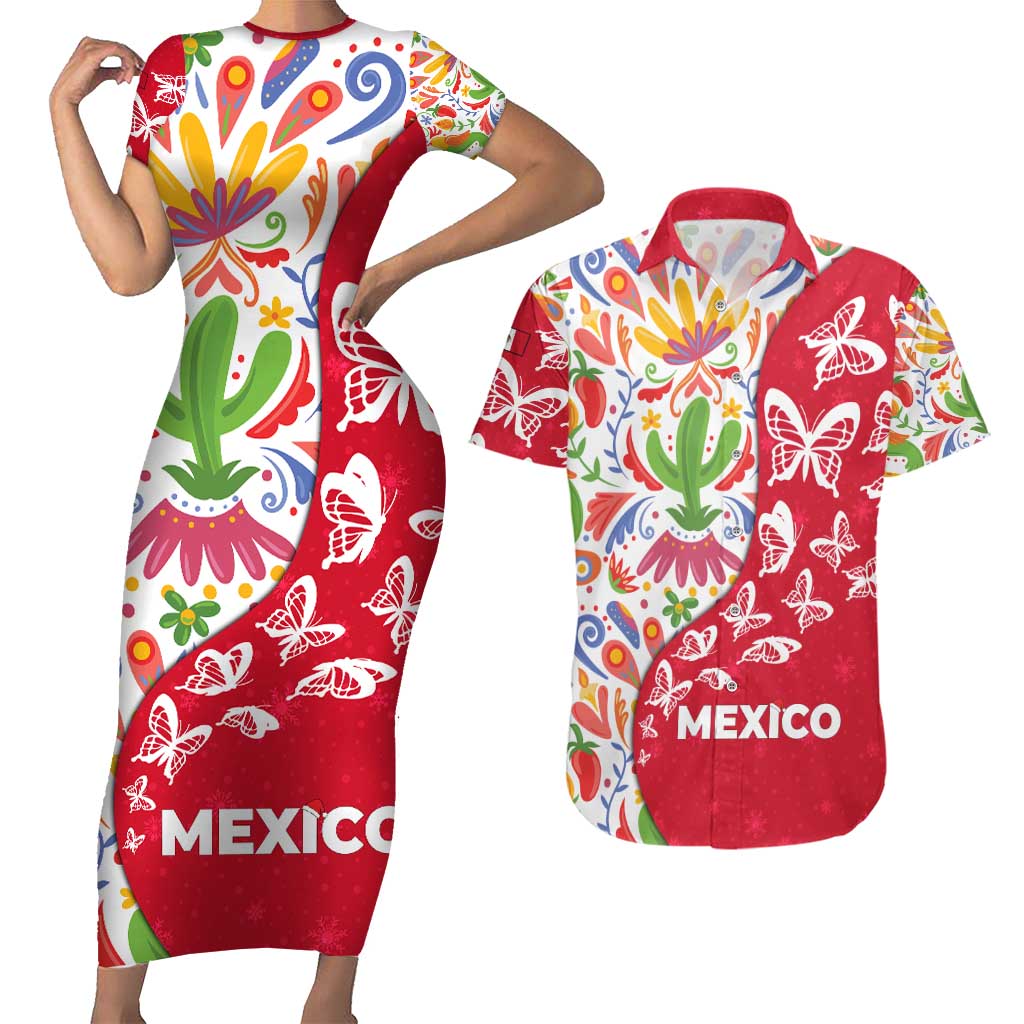 Mexico Christmas Couples Matching Short Sleeve Bodycon Dress and Hawaiian Shirt with Butterfly Cactus and Colorful Floral Folk Art - Wonder Print Shop