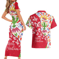 Mexico Christmas Couples Matching Short Sleeve Bodycon Dress and Hawaiian Shirt with Butterfly Cactus and Colorful Floral Folk Art - Wonder Print Shop