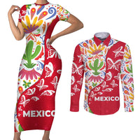 Mexico Christmas Couples Matching Short Sleeve Bodycon Dress and Long Sleeve Button Shirt with Butterfly Cactus and Colorful Floral Folk Art - Wonder Print Shop