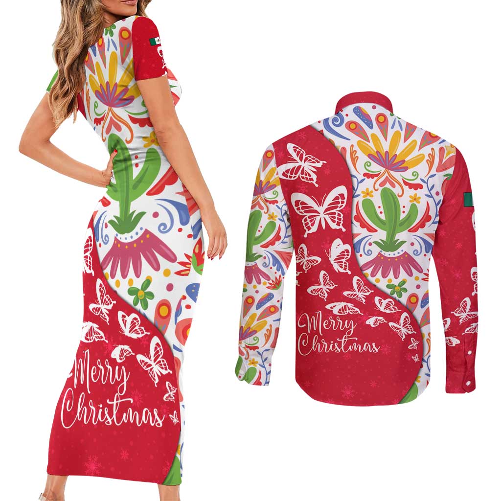Mexico Christmas Couples Matching Short Sleeve Bodycon Dress and Long Sleeve Button Shirt with Butterfly Cactus and Colorful Floral Folk Art - Wonder Print Shop