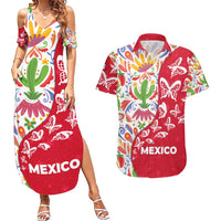 Mexico Christmas Couples Matching Summer Maxi Dress and Hawaiian Shirt with Butterfly Cactus and Colorful Floral Folk Art - Wonder Print Shop