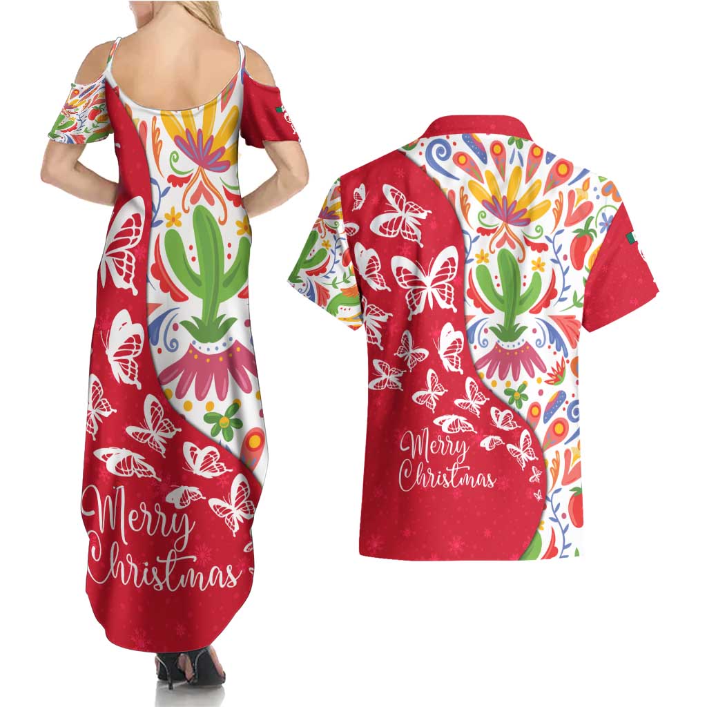 Mexico Christmas Couples Matching Summer Maxi Dress and Hawaiian Shirt with Butterfly Cactus and Colorful Floral Folk Art - Wonder Print Shop