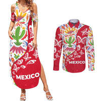 Mexico Christmas Couples Matching Summer Maxi Dress and Long Sleeve Button Shirt with Butterfly Cactus and Colorful Floral Folk Art - Wonder Print Shop