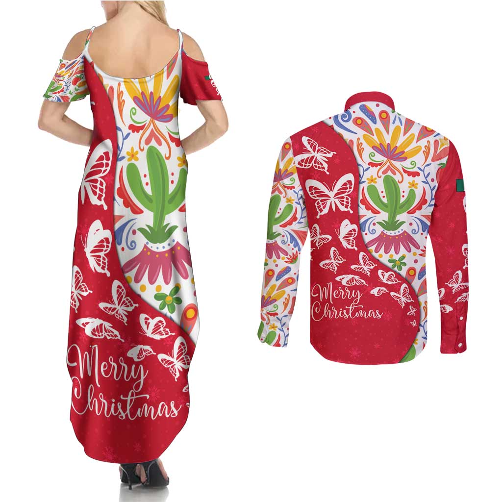 Mexico Christmas Couples Matching Summer Maxi Dress and Long Sleeve Button Shirt with Butterfly Cactus and Colorful Floral Folk Art - Wonder Print Shop