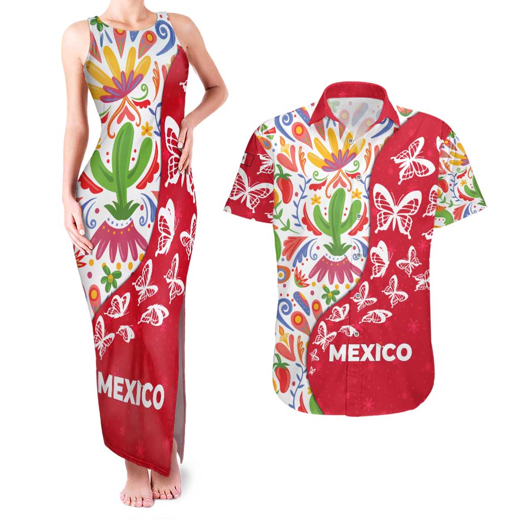 Mexico Christmas Couples Matching Tank Maxi Dress and Hawaiian Shirt with Butterfly Cactus and Colorful Floral Folk Art - Wonder Print Shop