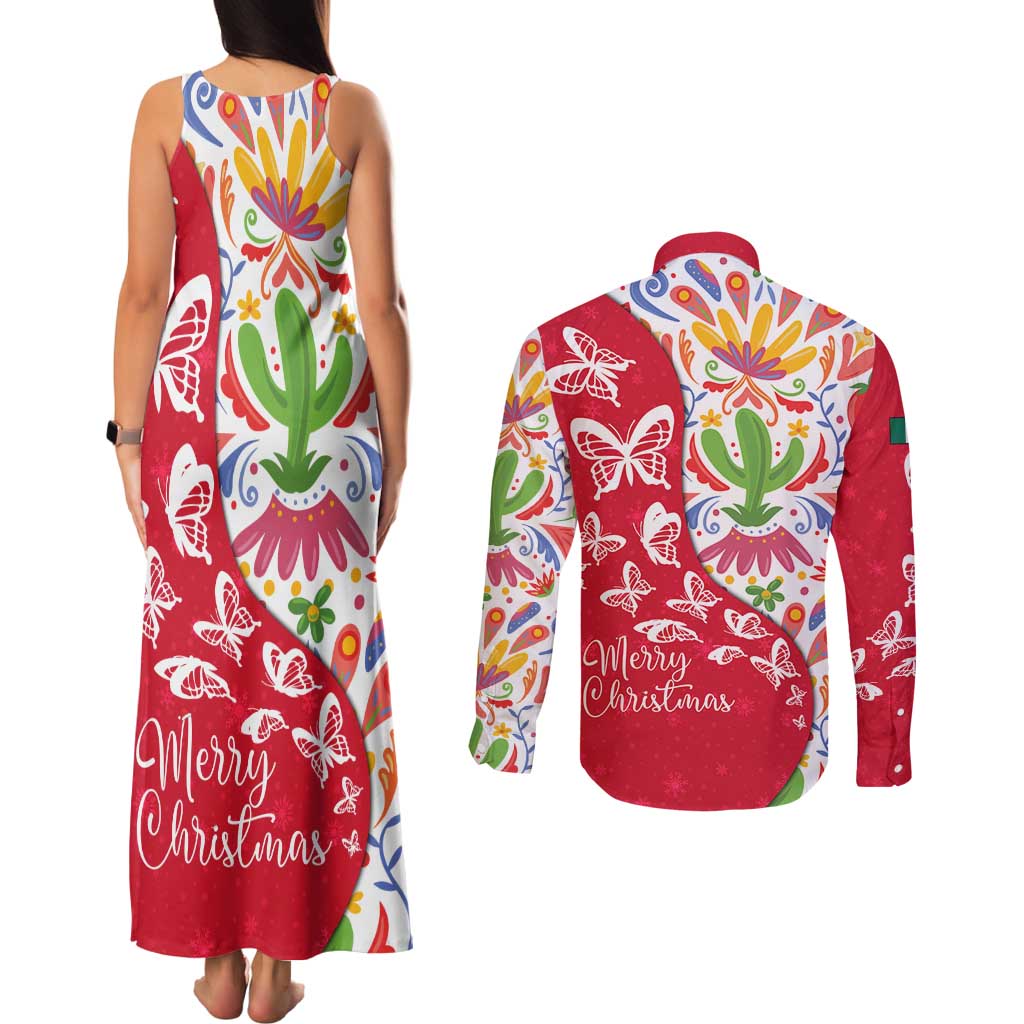 Mexico Christmas Couples Matching Tank Maxi Dress and Long Sleeve Button Shirt with Butterfly Cactus and Colorful Floral Folk Art - Wonder Print Shop
