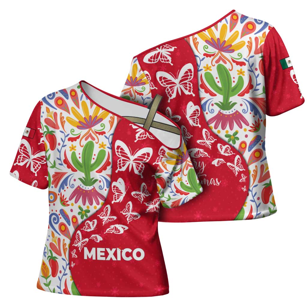 Mexico Christmas Cross Shoulder Shirt with Butterfly Cactus and Colorful Floral Folk Art - Wonder Print Shop