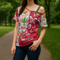 Mexico Christmas Cross Shoulder Shirt with Butterfly Cactus and Colorful Floral Folk Art - Wonder Print Shop