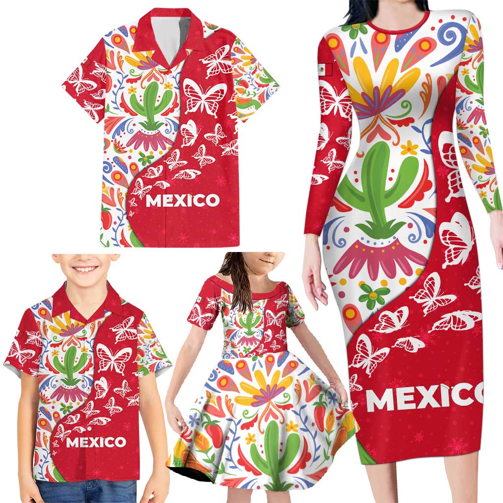 Mexico Christmas Family Matching Long Sleeve Bodycon Dress and Hawaiian Shirt with Butterfly Cactus and Colorful Floral Folk Art - Wonder Print Shop