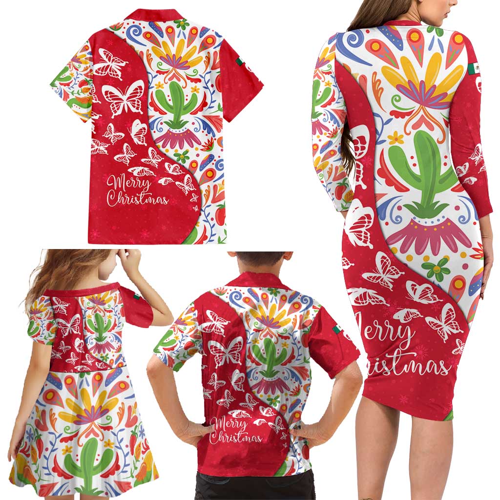 Mexico Christmas Family Matching Long Sleeve Bodycon Dress and Hawaiian Shirt with Butterfly Cactus and Colorful Floral Folk Art - Wonder Print Shop