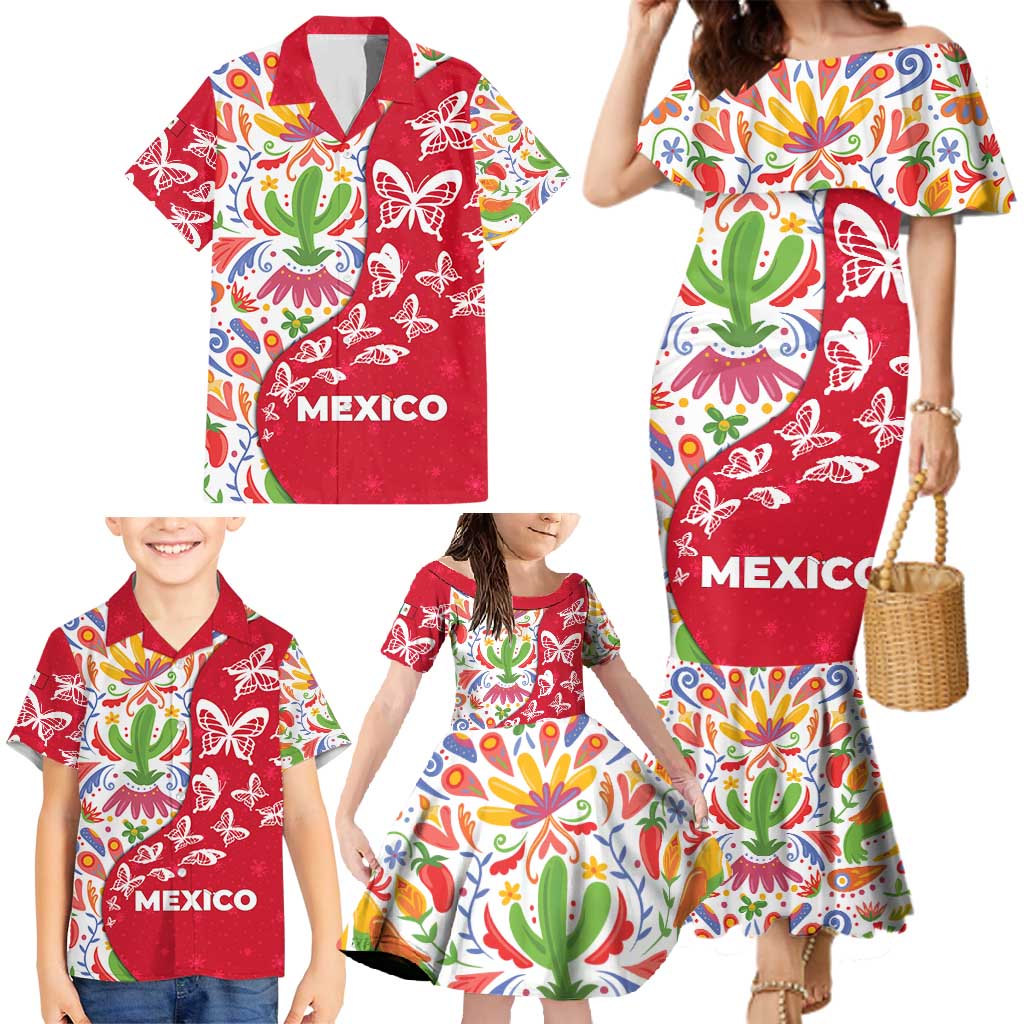 Mexico Christmas Family Matching Mermaid Dress and Hawaiian Shirt with Butterfly Cactus and Colorful Floral Folk Art - Wonder Print Shop