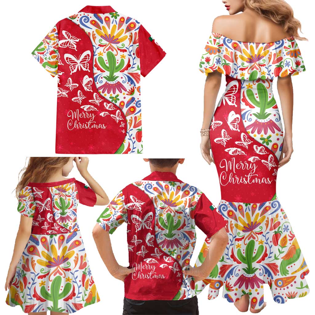 Mexico Christmas Family Matching Mermaid Dress and Hawaiian Shirt with Butterfly Cactus and Colorful Floral Folk Art - Wonder Print Shop