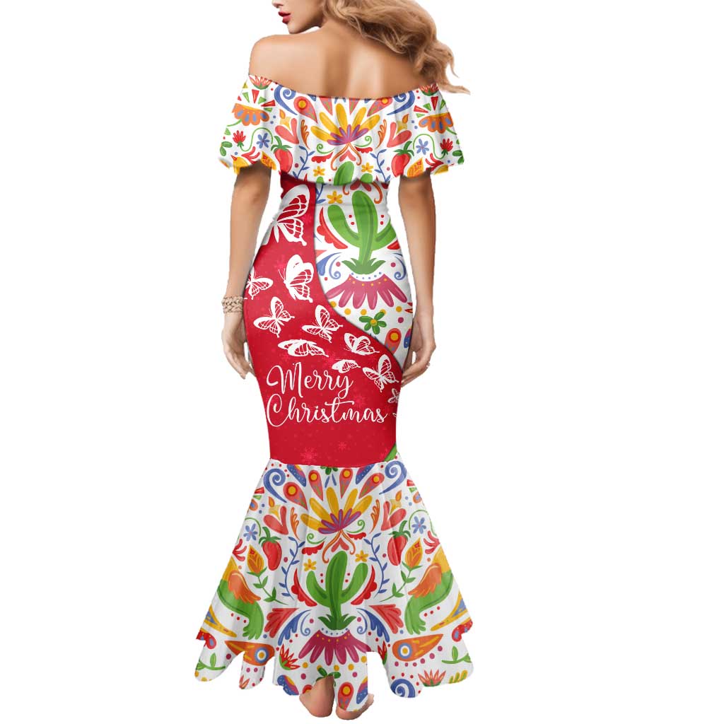 Mexico Christmas Family Matching Mermaid Dress and Hawaiian Shirt with Butterfly Cactus and Colorful Floral Folk Art - Wonder Print Shop