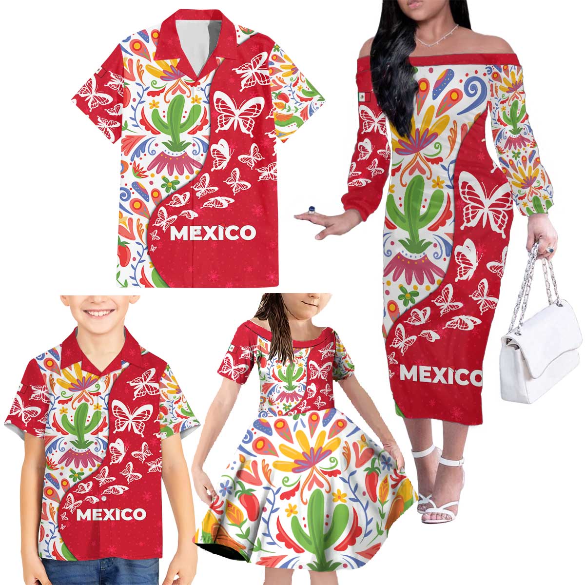 Mexico Christmas Family Matching Off The Shoulder Long Sleeve Dress and Hawaiian Shirt with Butterfly Cactus and Colorful Floral Folk Art - Wonder Print Shop