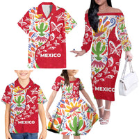 Mexico Christmas Family Matching Off The Shoulder Long Sleeve Dress and Hawaiian Shirt with Butterfly Cactus and Colorful Floral Folk Art - Wonder Print Shop