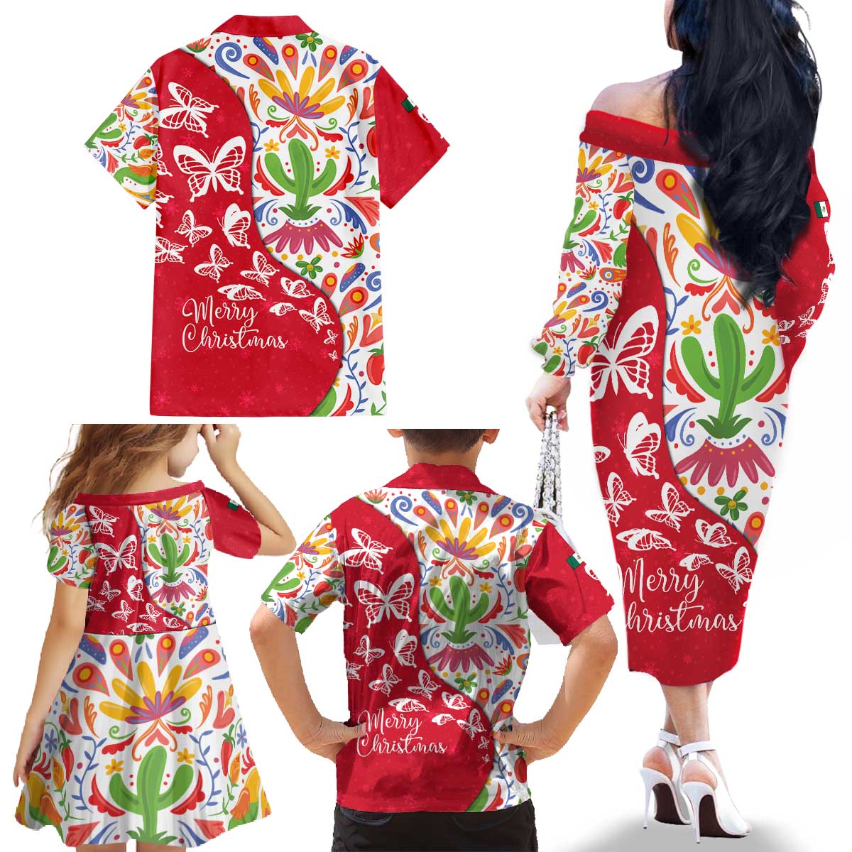 Mexico Christmas Family Matching Off The Shoulder Long Sleeve Dress and Hawaiian Shirt with Butterfly Cactus and Colorful Floral Folk Art - Wonder Print Shop