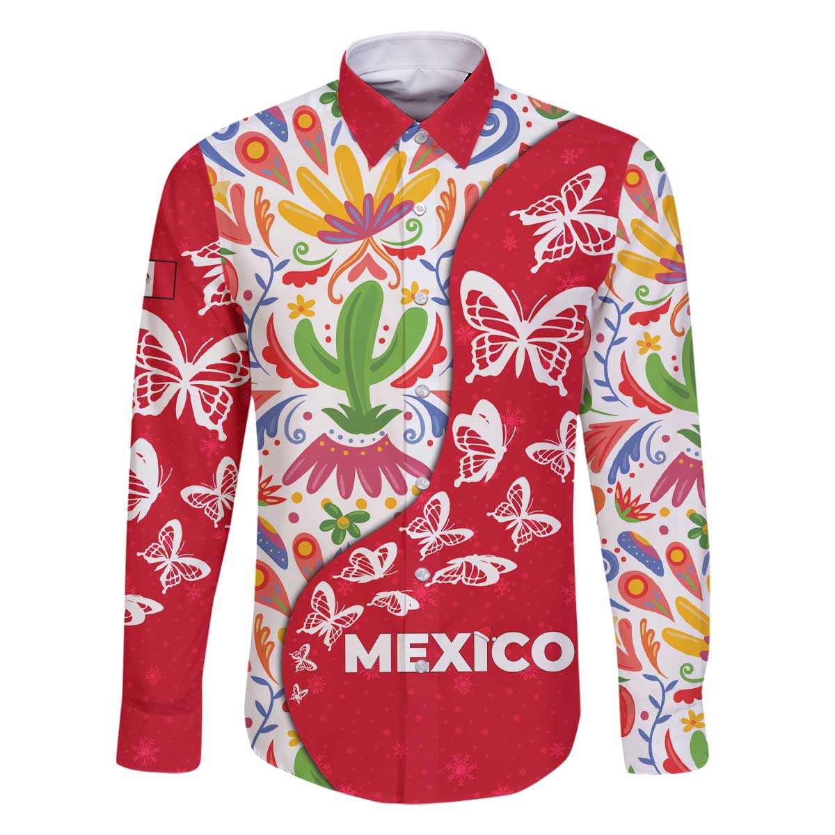 Mexico Christmas Family Matching Off The Shoulder Long Sleeve Dress and Hawaiian Shirt with Butterfly Cactus and Colorful Floral Folk Art - Wonder Print Shop
