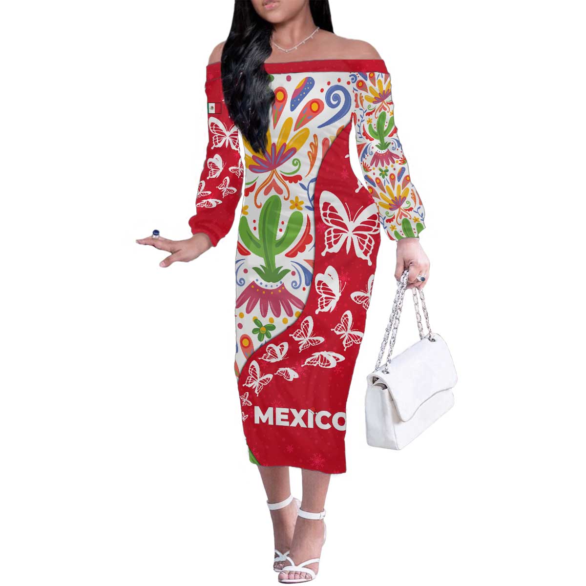 Mexico Christmas Family Matching Off The Shoulder Long Sleeve Dress and Hawaiian Shirt with Butterfly Cactus and Colorful Floral Folk Art - Wonder Print Shop