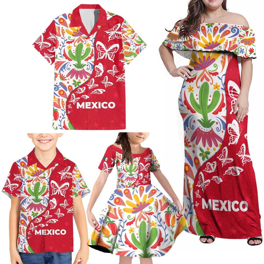 Mexico Christmas Family Matching Off Shoulder Maxi Dress and Hawaiian Shirt with Butterfly Cactus and Colorful Floral Folk Art - Wonder Print Shop