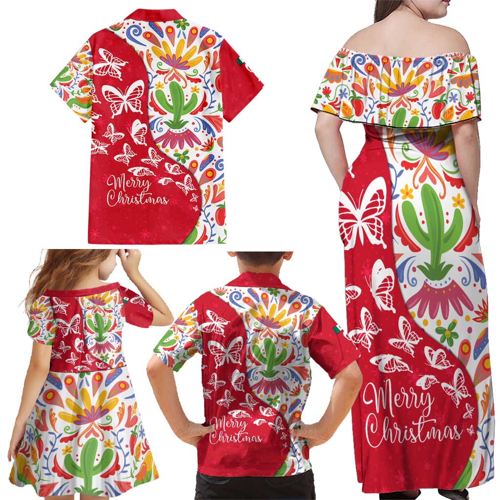 Mexico Christmas Family Matching Off Shoulder Maxi Dress and Hawaiian Shirt with Butterfly Cactus and Colorful Floral Folk Art - Wonder Print Shop