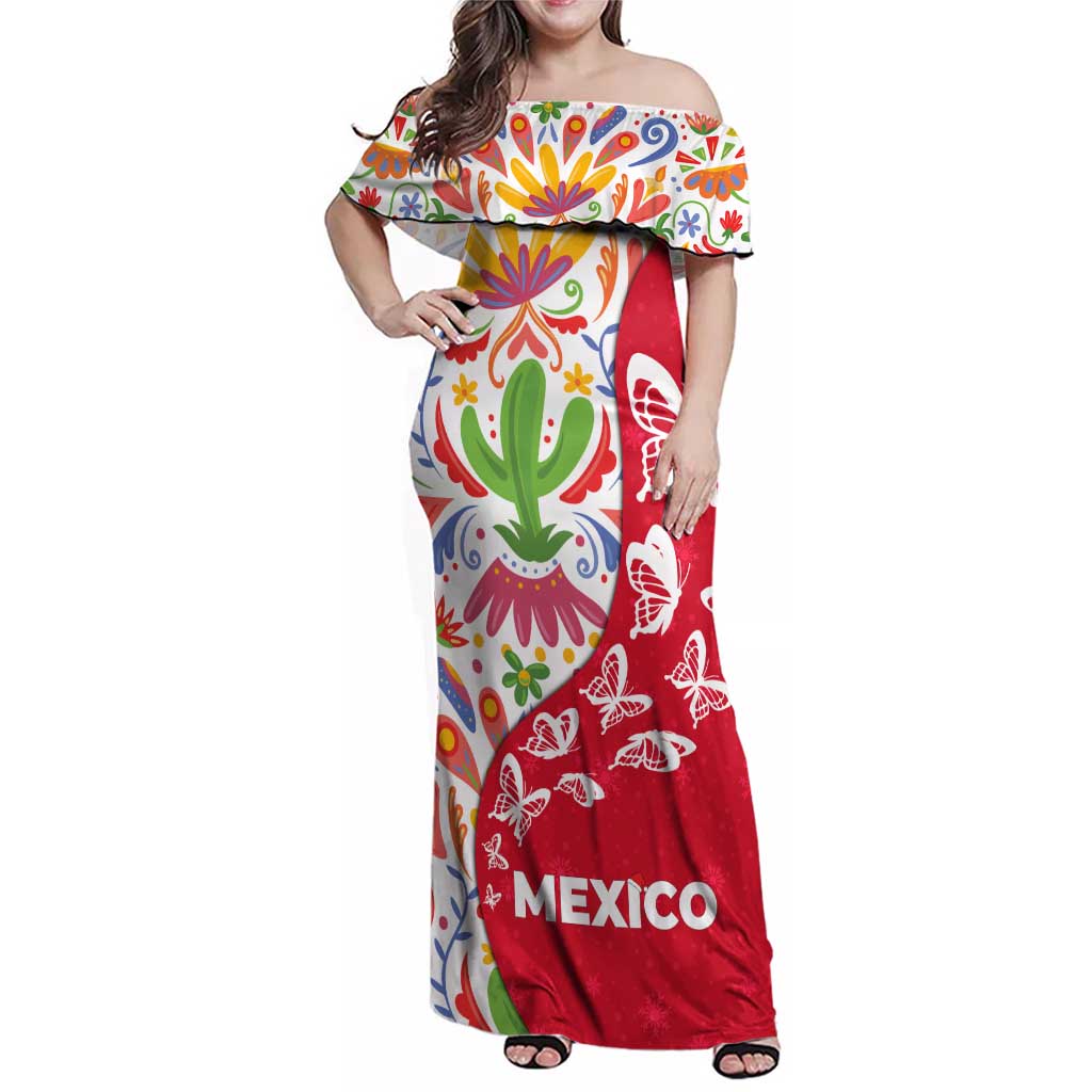 Mexico Christmas Family Matching Off Shoulder Maxi Dress and Hawaiian Shirt with Butterfly Cactus and Colorful Floral Folk Art - Wonder Print Shop